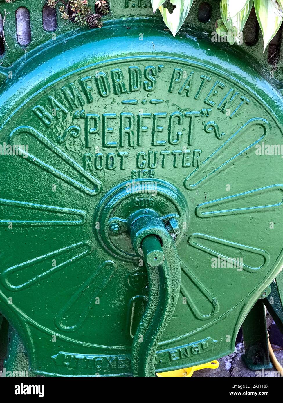 Bamfords Patent,Perfect root cutter,machine in green, Uttoxeter, England,UK Stock Photo