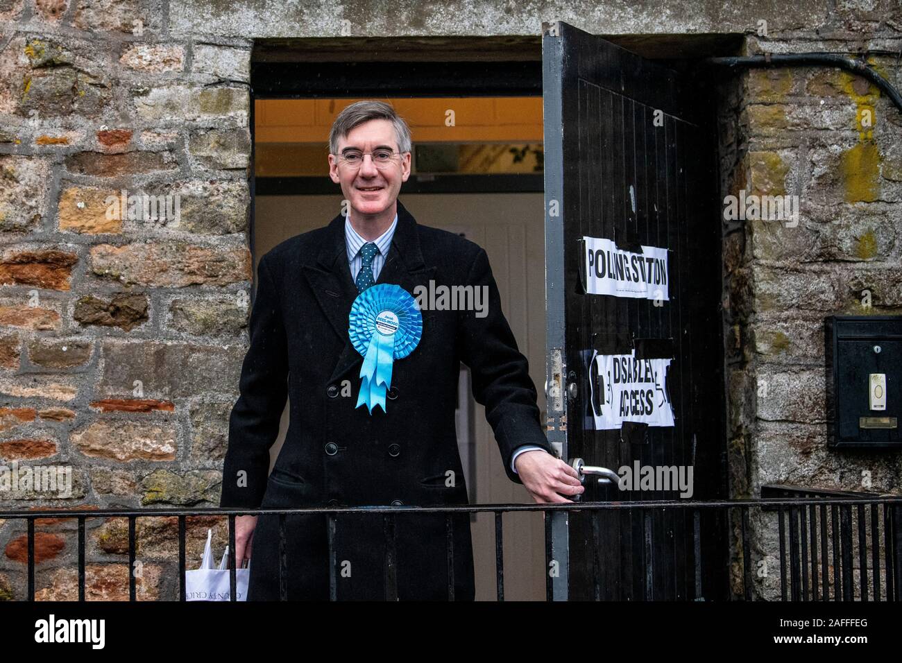 Conservative party candidate for North East Somerset Jacob Rees-Mogg casts his vote for the General Election at his local Polling Station. Stock Photo