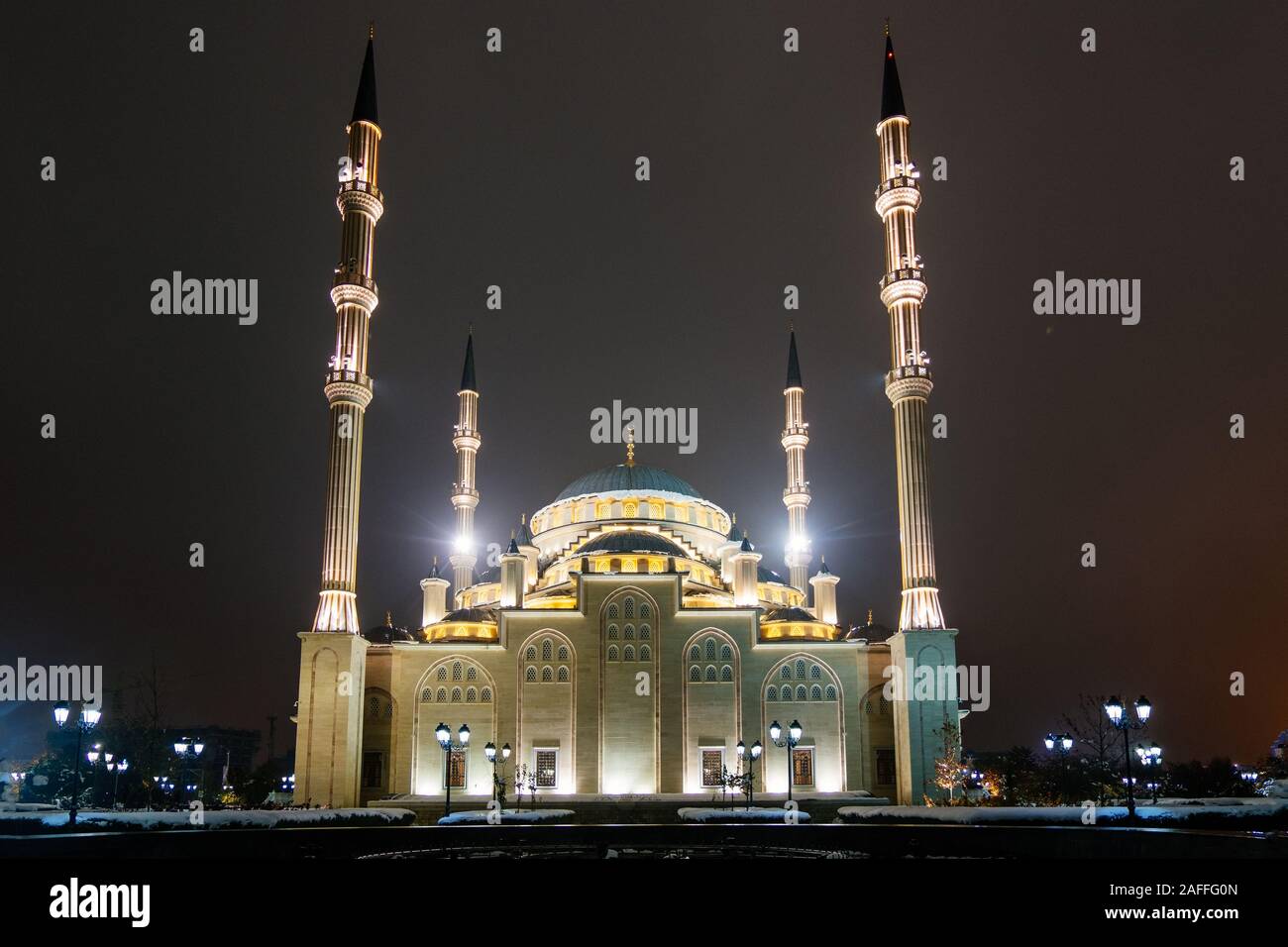 Ahmad Kadyrov Mosque Heart of Chechnya at night Grozny, Chechnya, Russia. Stock Photo