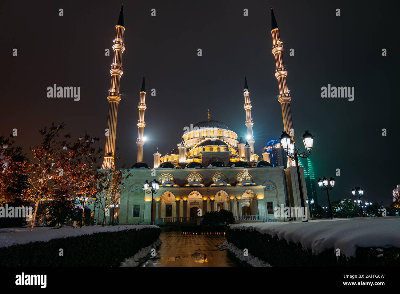 Ahmad Kadyrov Mosque Heart of Chechnya at night Grozny, Chechnya, Russia. Stock Photo