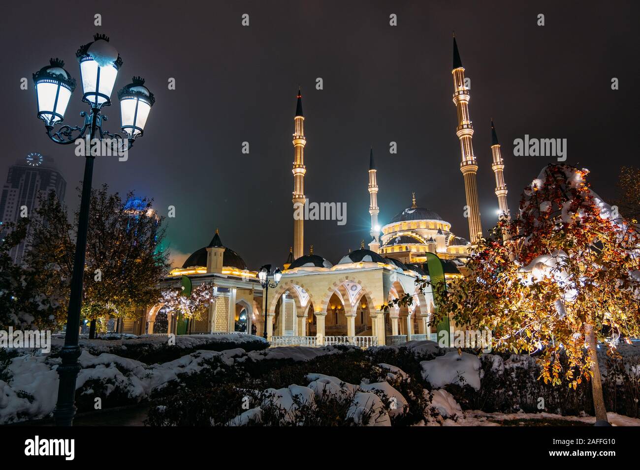 Ahmad Kadyrov Mosque Heart of Chechnya at night Grozny, Chechnya, Russia Stock Photo
