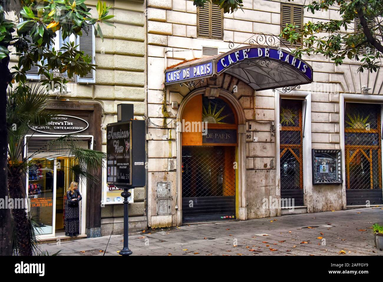 Rome, Italy - May 9, 2018: The Cafe de Paris on Via Veneto which hosted many of the rich and famous over the years and was featured in the movie La Do Stock Photo