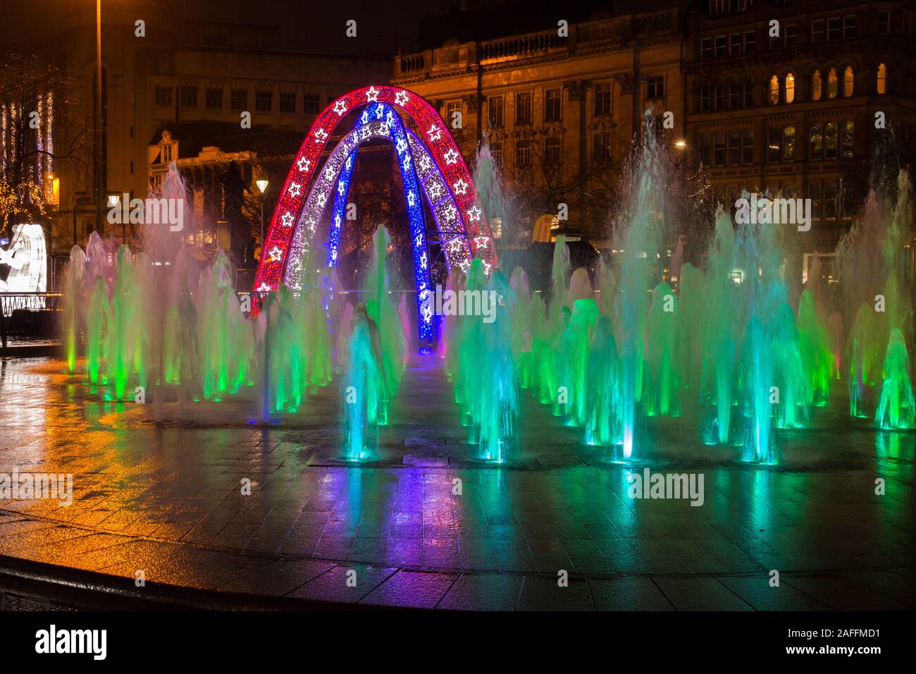 Christmas light display and fountains, Piccadilly Gardens, Manchester