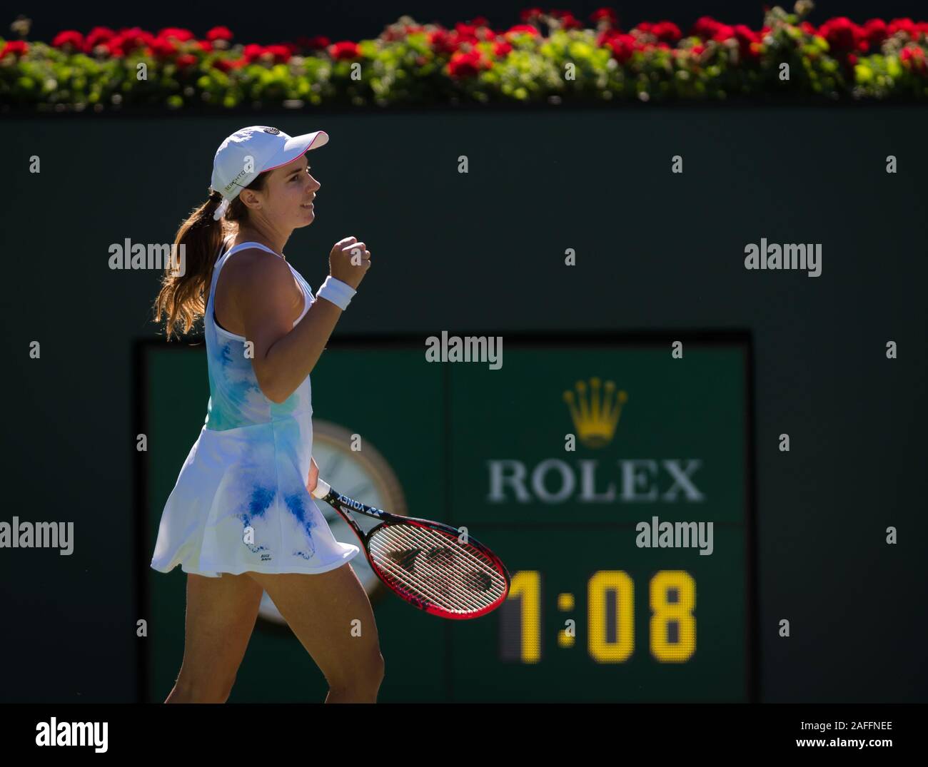 Stefanie Voegele of Switzerland in action during her second-round match at the 2019 BNP Paribas Open WTA Premier Mandatory tennis tournament Stock Photo