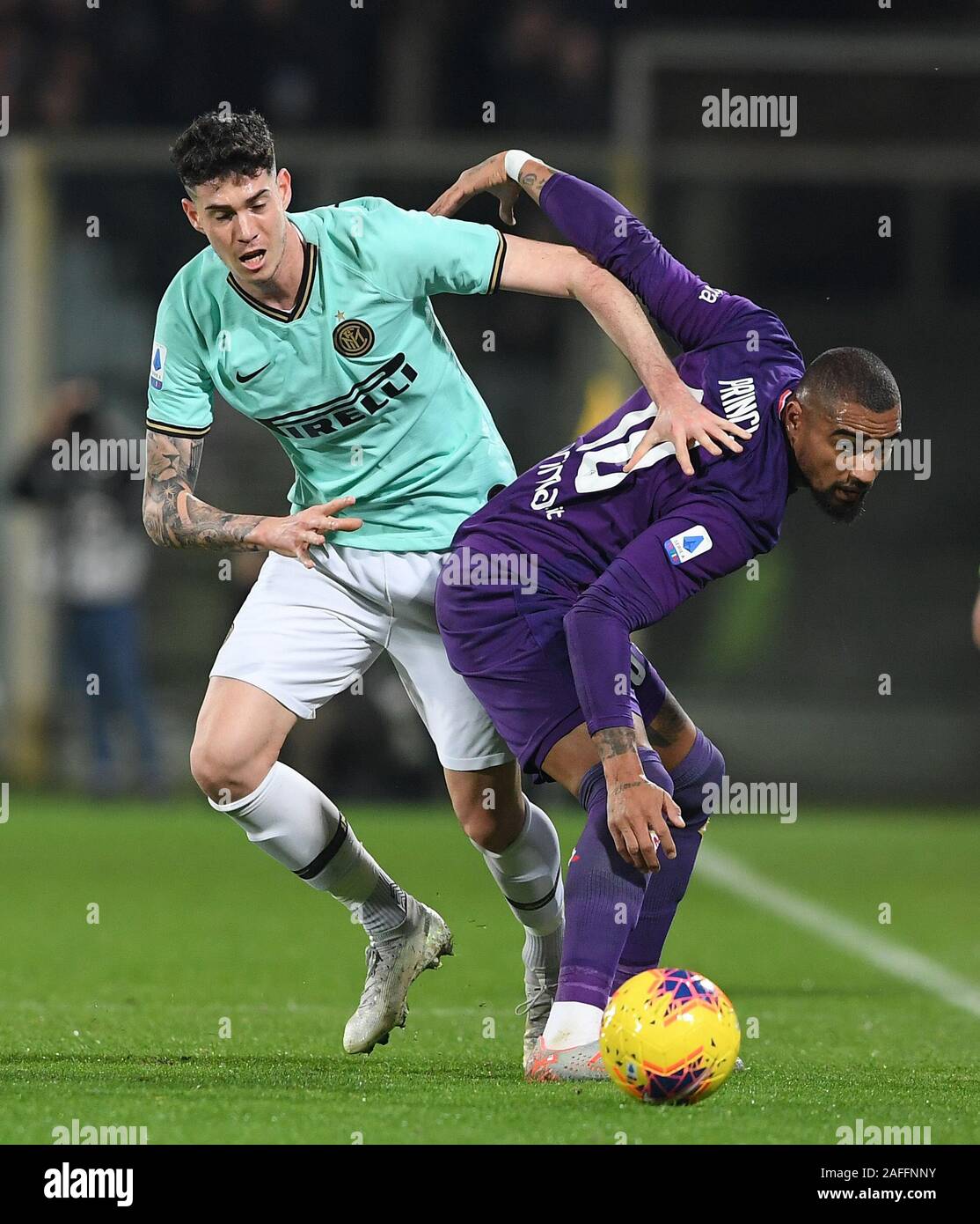 Florence, Italy. 15th Dec, 2019. FC Inter's Alessandro Bastoni (L) vies with Fiorentina's Kevin-Prince Boateng during an Italian Serie A soccer match in Florence, Italy, Dec. 15, 2019. Credit: Alberto Lingria/Xinhua/Alamy Live News Stock Photo
