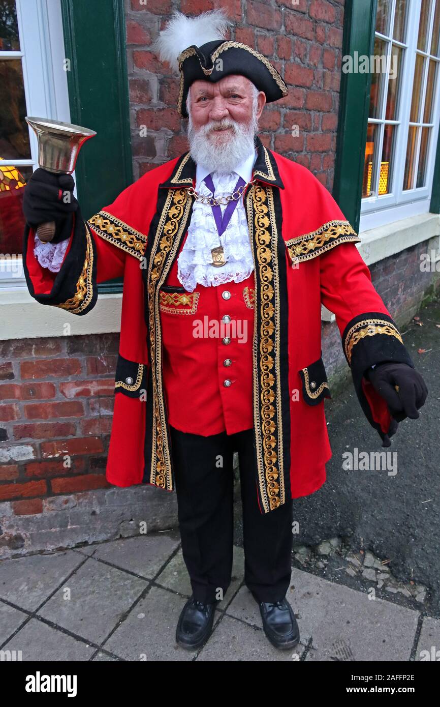 Lymm Town crier, Lymm Dickensian Weekend 2019,The Cross, Lymm, Warrington, Cheshire,England, WA13 Stock Photo