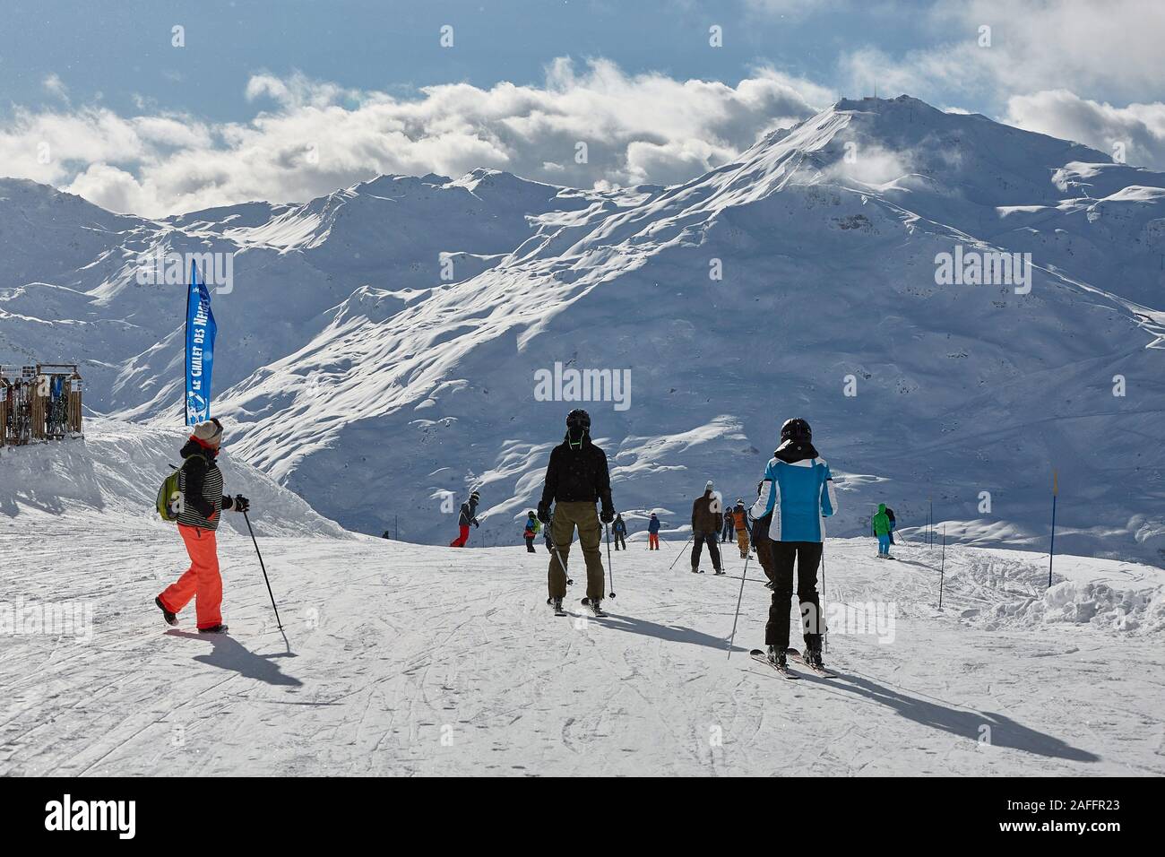 Skiing slopes with skiers Stock Photo