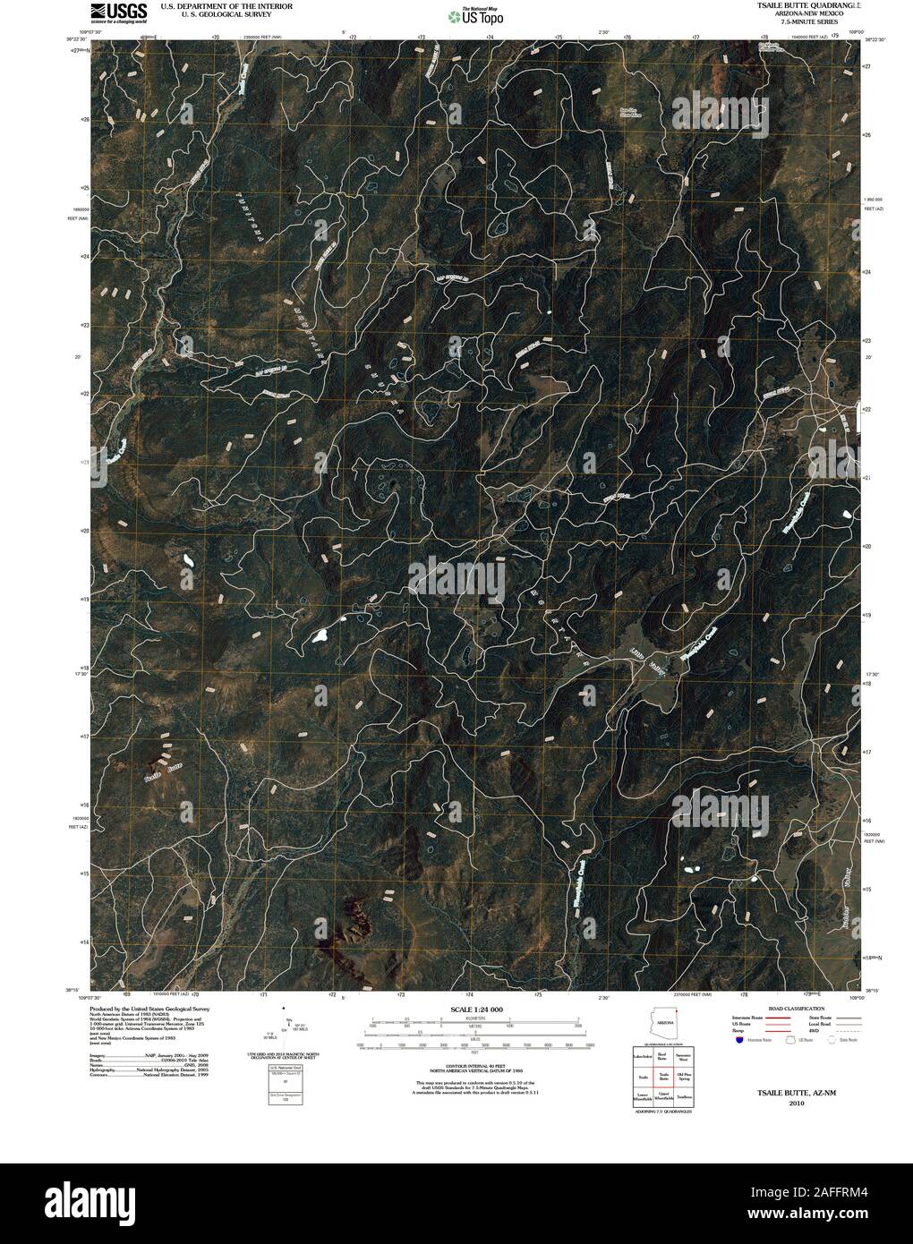 USGS TOPO Map New Mexico AZ Tsaile Butte 20100922 TM Restoration Stock Photo