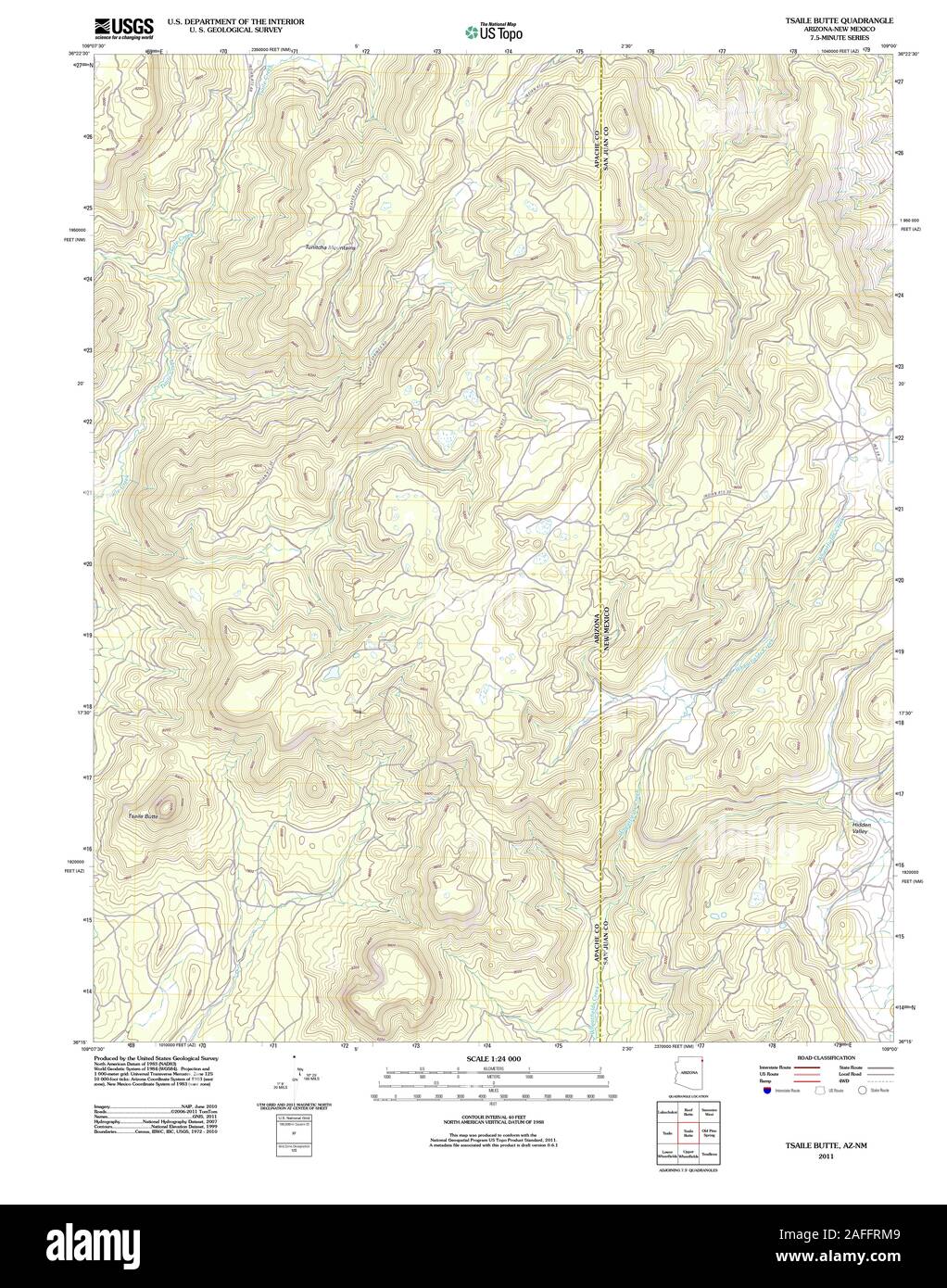USGS TOPO Map New Mexico AZ Tsaile Butte 20111026 TM Restoration Stock Photo