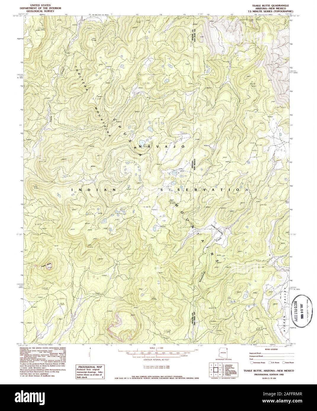 USGS TOPO Map New Mexico AZ Tsaile Butte 313796 1982 24000 Restoration Stock Photo