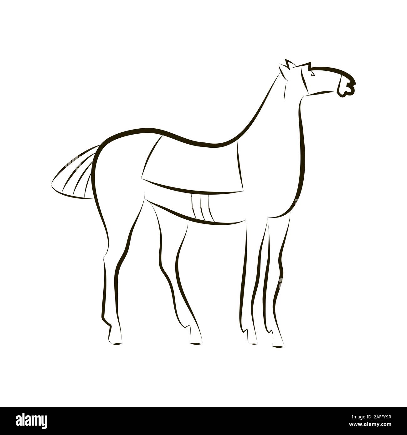 Standing horse with saddle. Black and white stallion contour