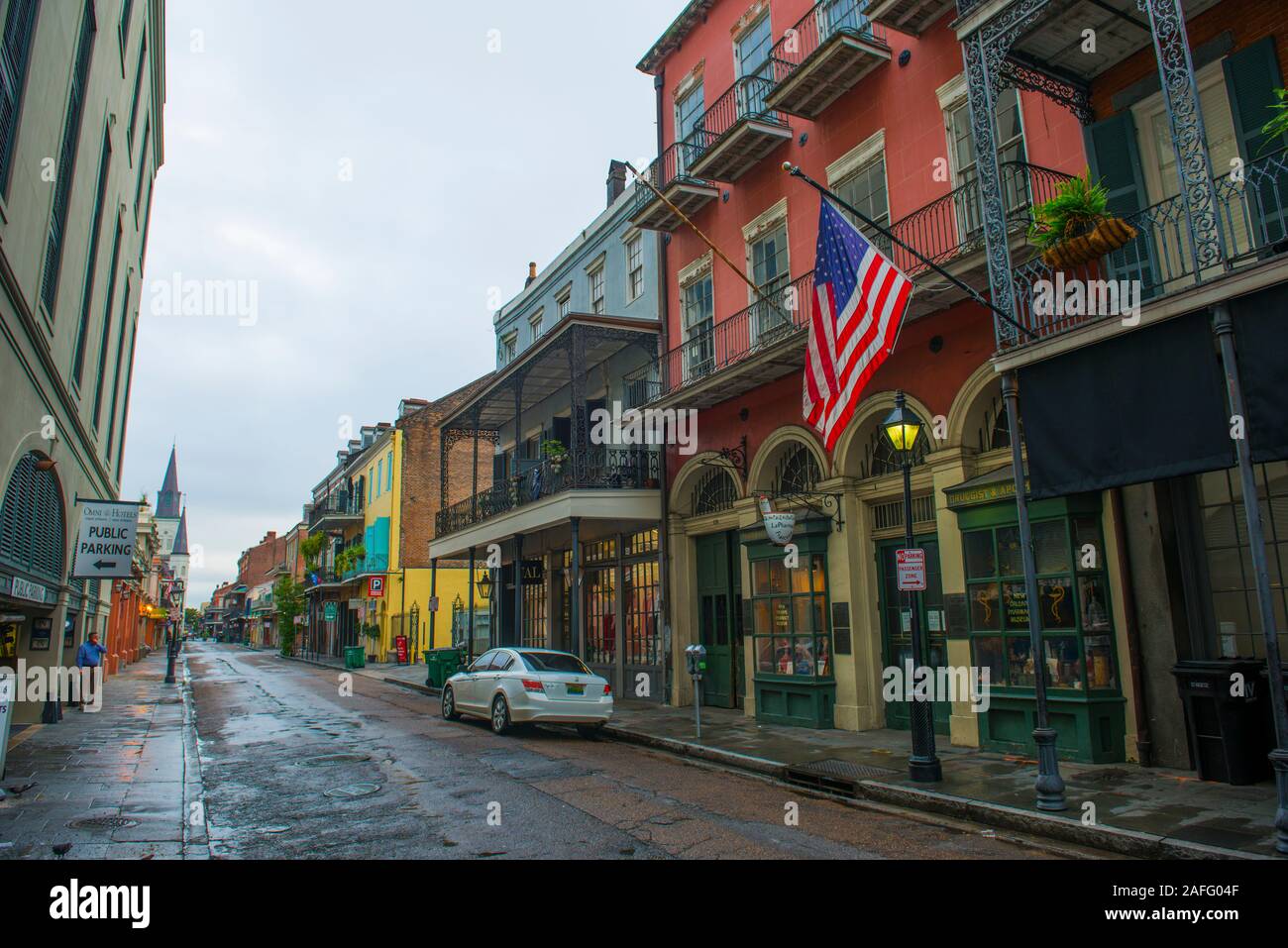 Historic Buildings on Chartres Street between Toulouse Street and St Louis Street in French Quarter in New Orleans, Louisiana, USA. Stock Photo