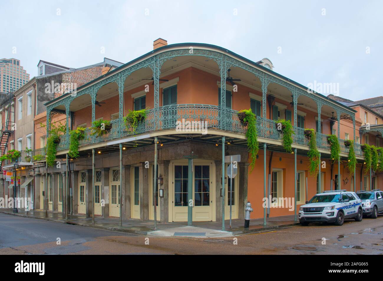 Historic Buildings at the corner of Chartres Street and Conti Street in French Quarter in New Orleans, Louisiana, USA. Stock Photo