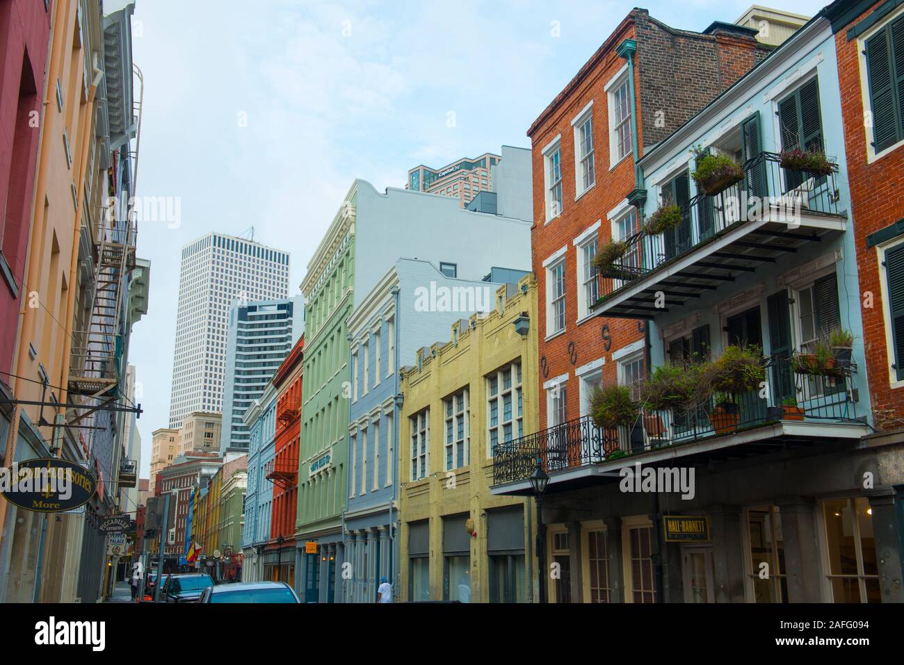Historic Buildings on Chartres Street between Iberville Street and Bienville Street in French Quarter in New Orleans, Louisiana, USA. Stock Photo