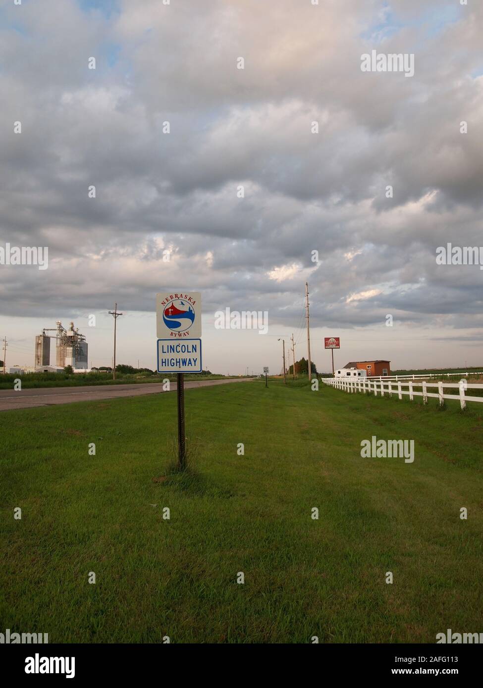 DUNCAN, NEBRASKA - JULY 26, 2018: A highway sign on a rural grassy roadside traveling along one of Nebraska's scenic byways, the Lincoln Highway. Stock Photo