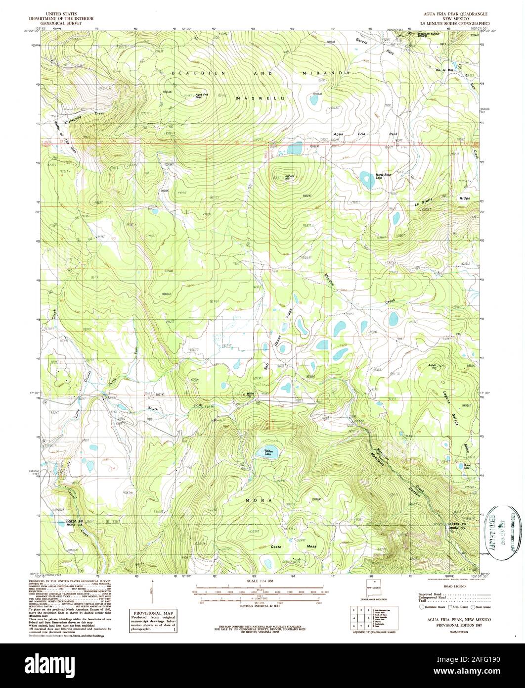 USGS TOPO Map New Mexico NM Agua Fria Peak 193680 1987 24000 Restoration Stock Photo