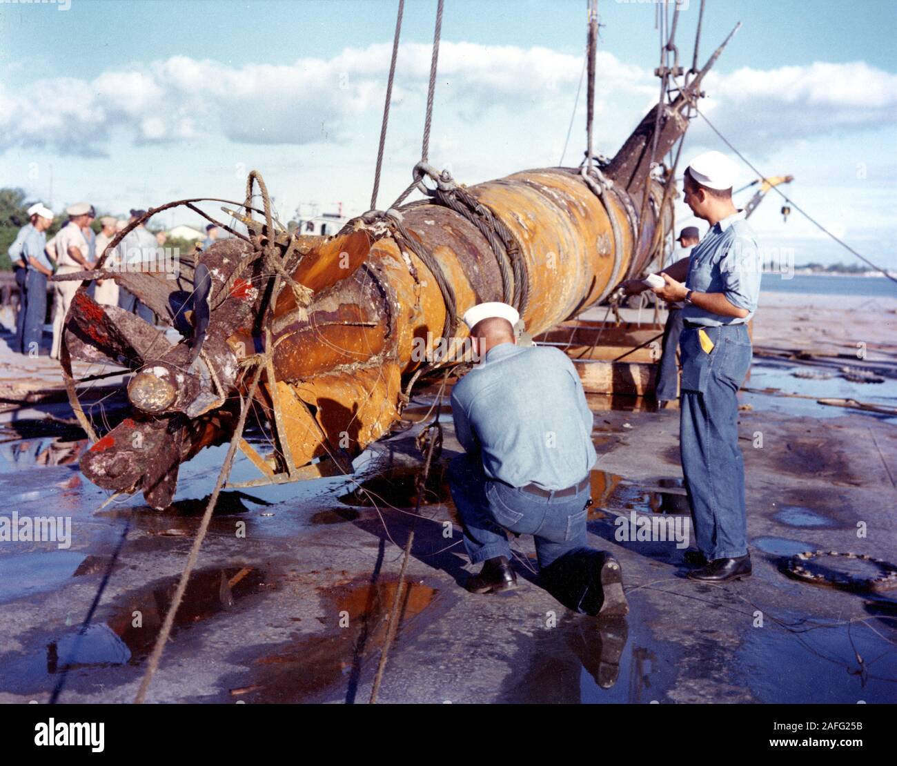 Japanese Type A Midget Submarine - Photographed soon after its recovery near the entrance to Pearl Harbor, Hawaii, circa late July 1960. It had participated in the attack on Pearl Harbor on 7 December 1941, but had apparently been unable to enter the harbor as its torpedoes had not been fired. Stock Photo