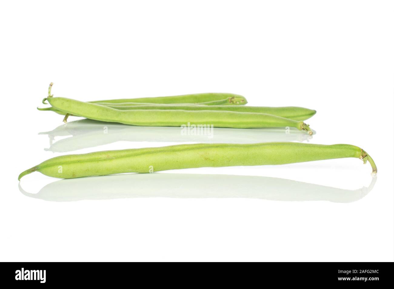 Group of three whole snap green bean isolated on white background Stock