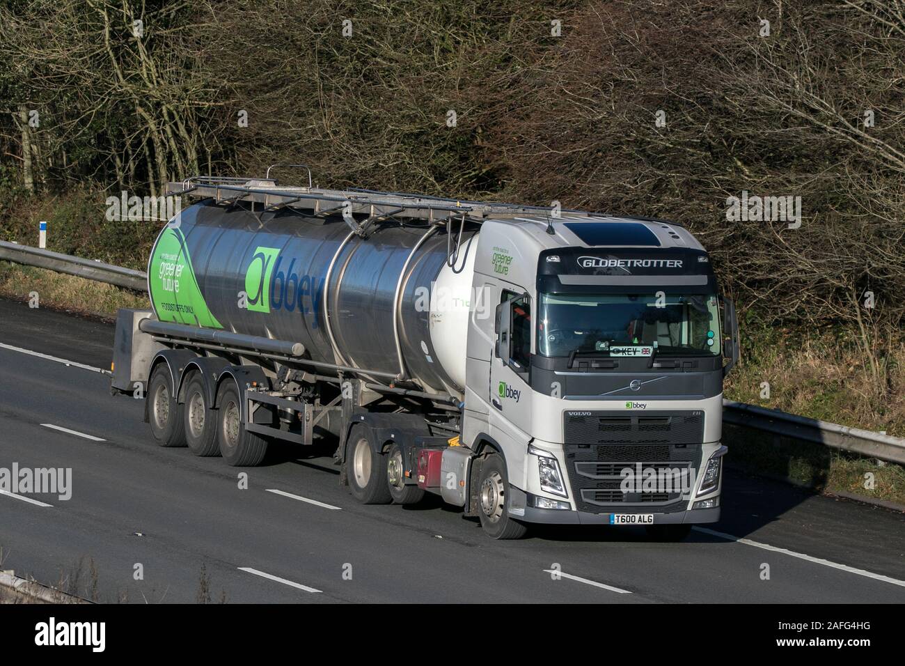 Abbey tankers Volvo globetrotter driving on the M61 motorway near Manchester, UK Stock Photo