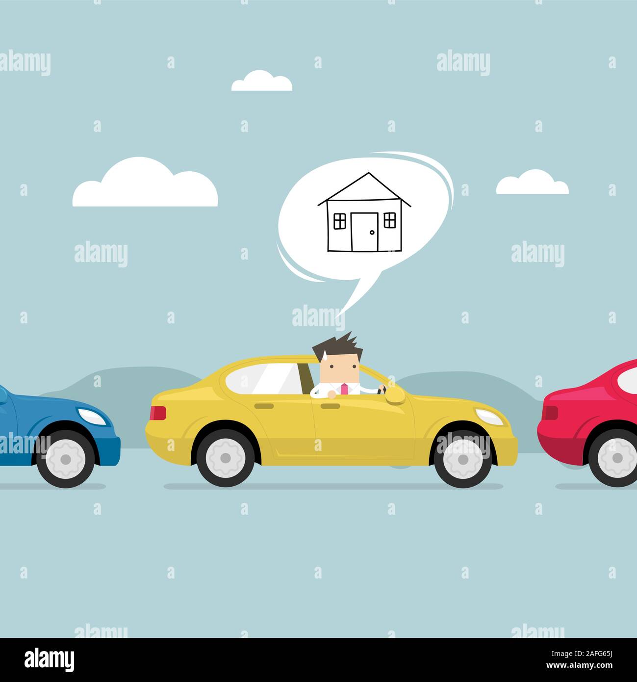 Businessman on the road back home by car with traffic jam. vector Stock Vector