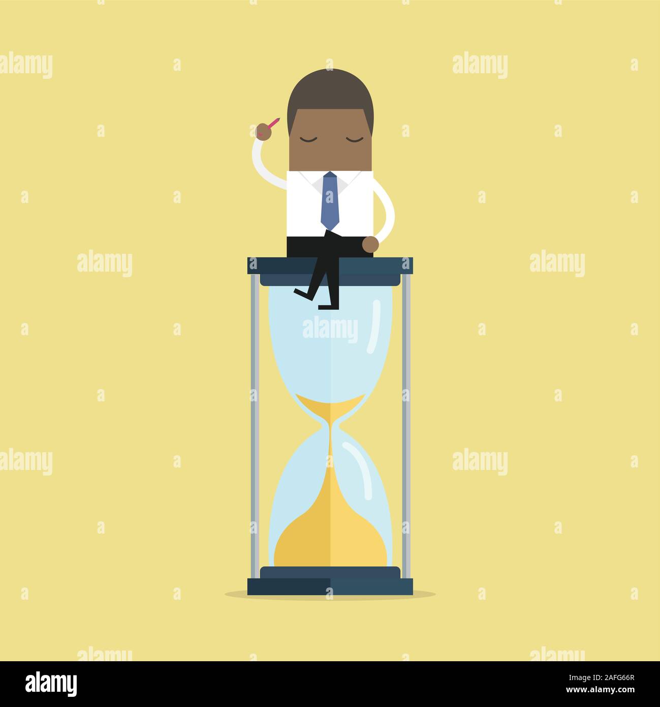 African businessman keeps thinking and sitting on a hourglass, creative thinking. vector Stock Vector
