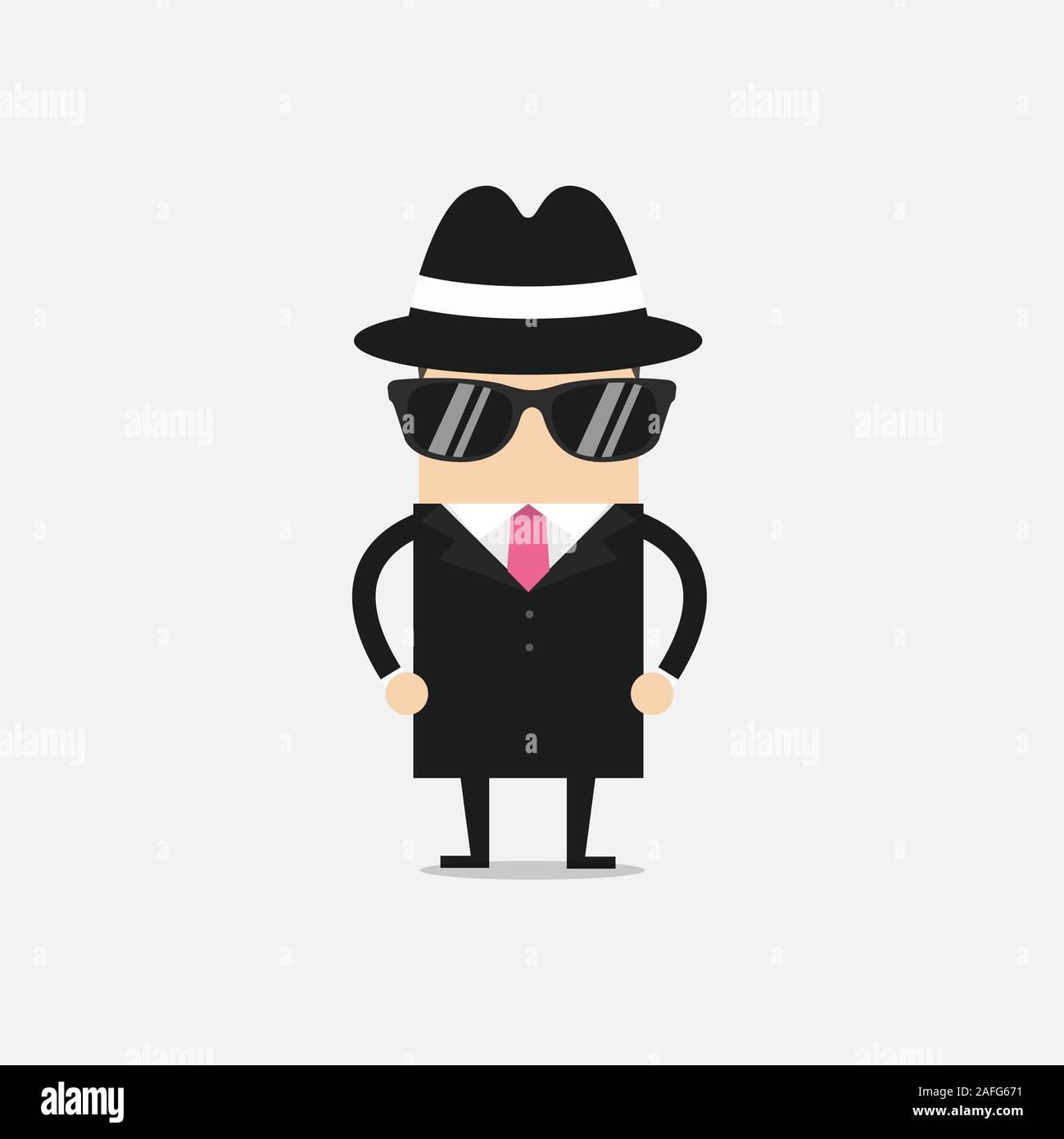 Man in hat suit raincoat and glasses. The detective undercover. Stock Vector