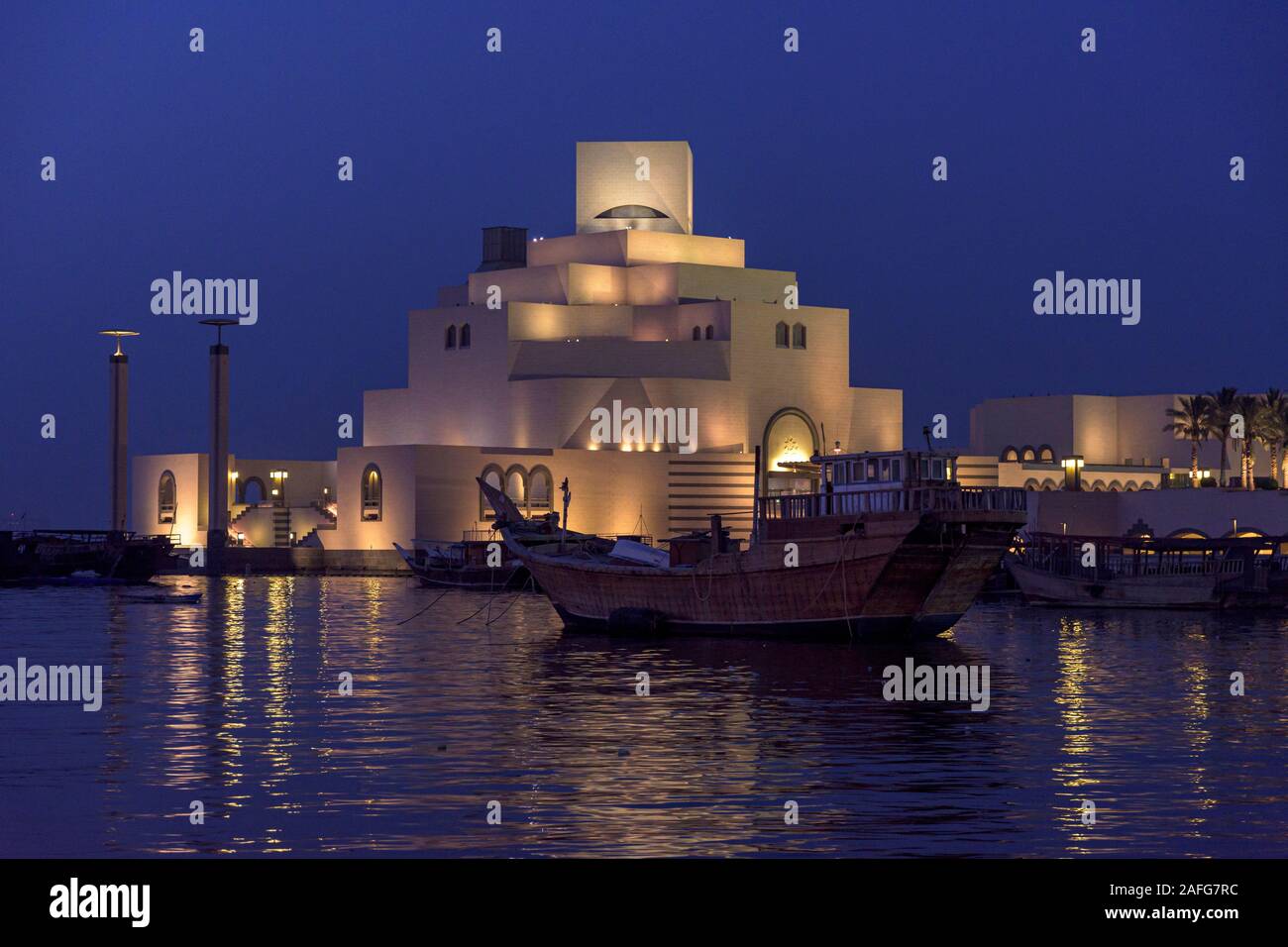 Night view of the Museum of Islamic Art, Doha, Qatar Stock Photo