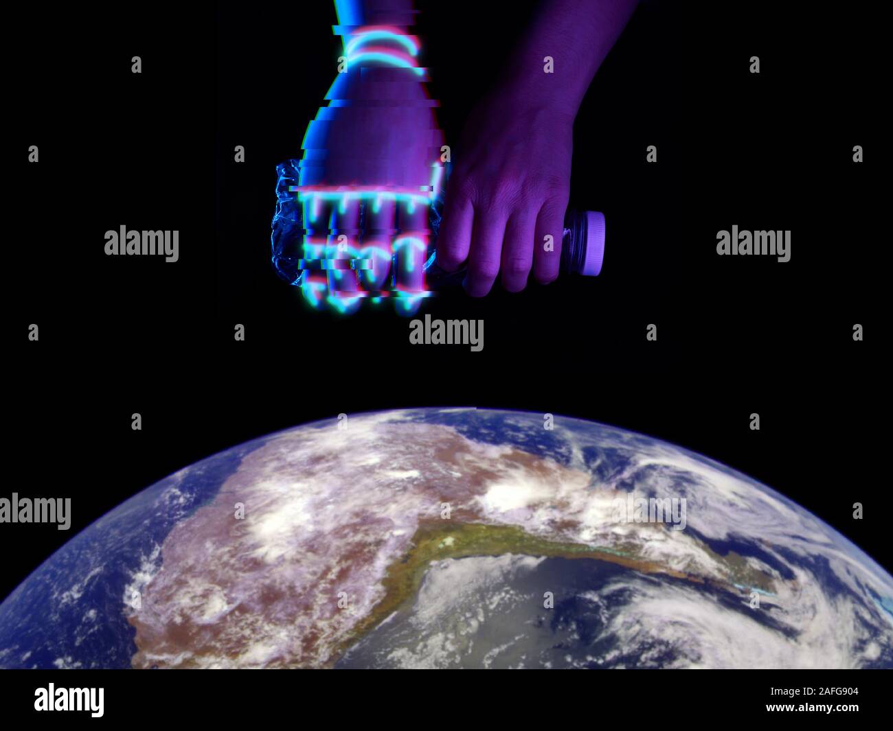 Hand of mand and robot with plastic bottle above the Earth. Humanity and technology together guard and protect nature. Elements of this image furnishe Stock Photo