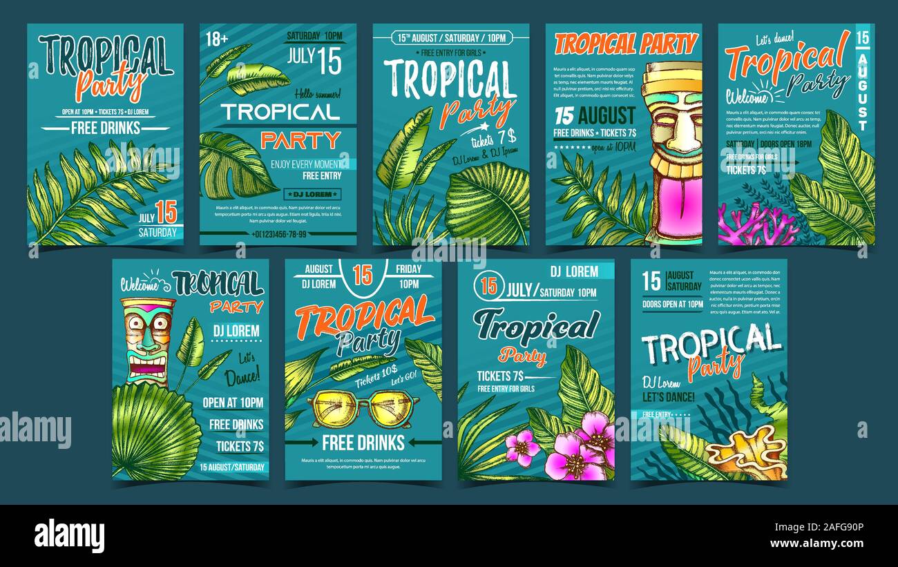 Tropical Leaves And Seaweeds Poster Set Vector Stock Vector