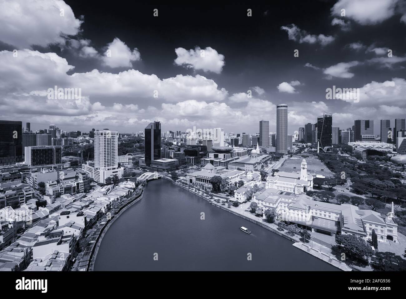 Aerial view of cityscape in black and white tone. Singapore has evolved from a 3rd world country to a first class modern city in the world. Stock Photo