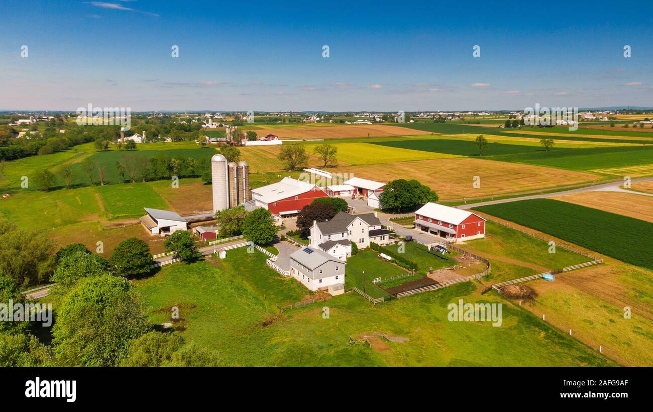American countryside, rural farm landscape, aerial view, north eastern