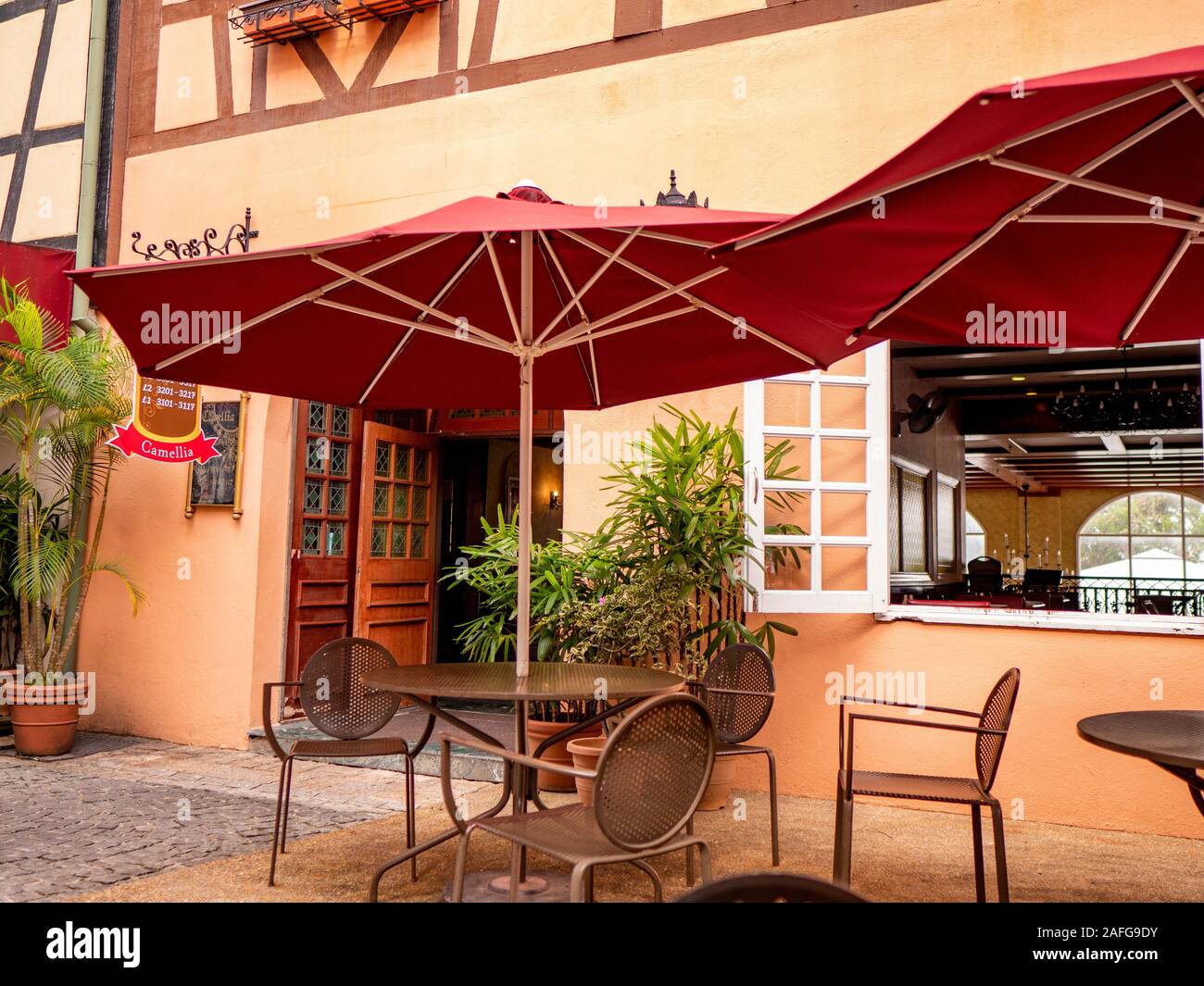 French Village Bukit Tinggi Malaysia November 2019 Street Cafe Furniture Red Umbrella No People Natural Day Light Stock Photo Alamy