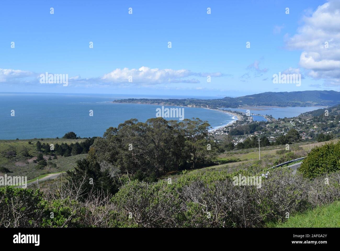 View of the town of Stinson Beach on an uphill section of the Dipsea