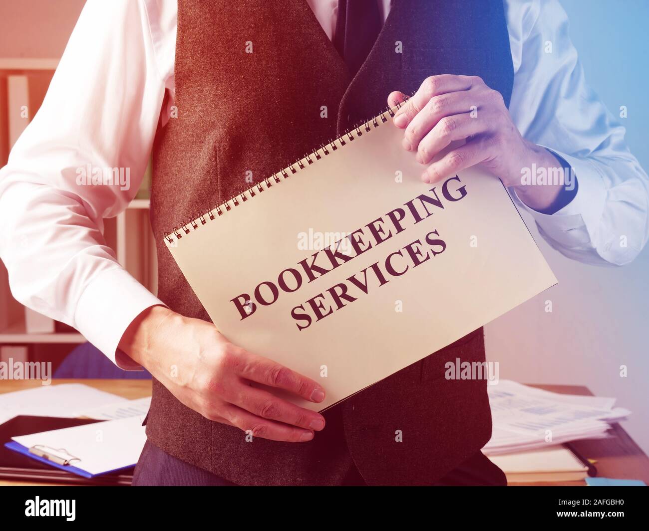 Bookkeeping services sign and accountant in the office Stock Photo Alamy