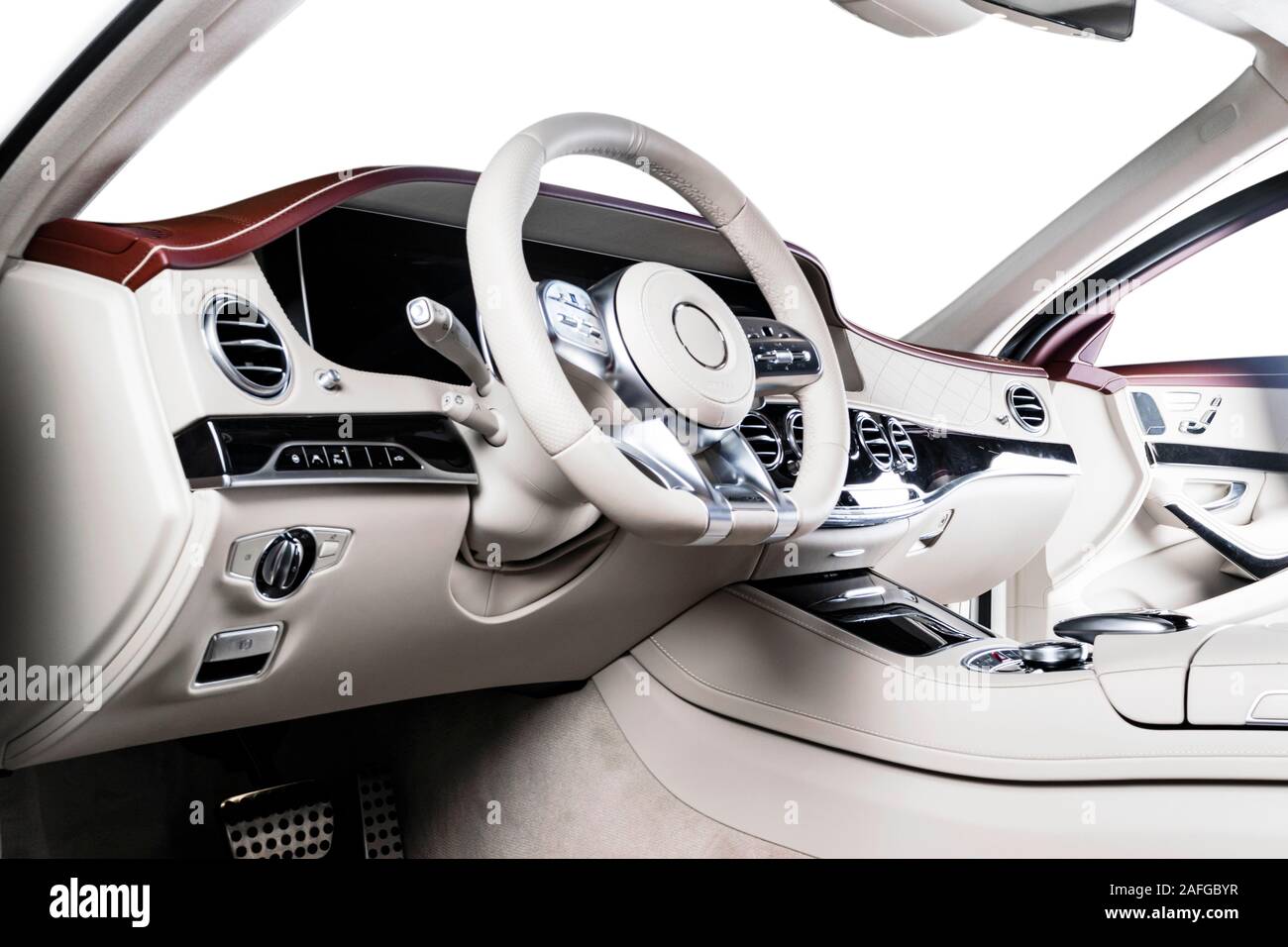 Modern luxury car white leather interior with natural wood panel. Part