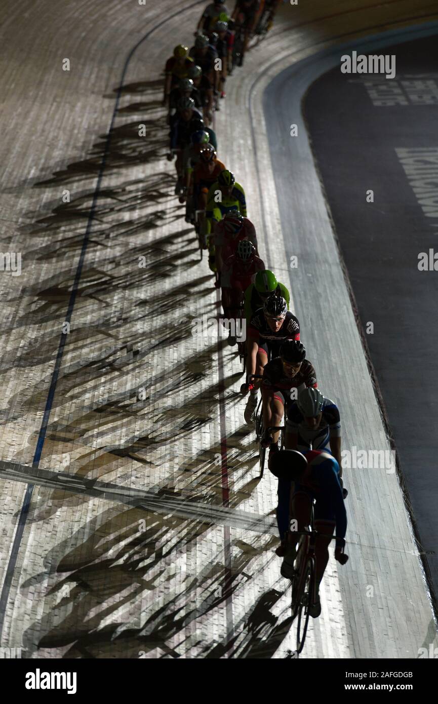 Riders taking part in The Madison race on the first day of the London