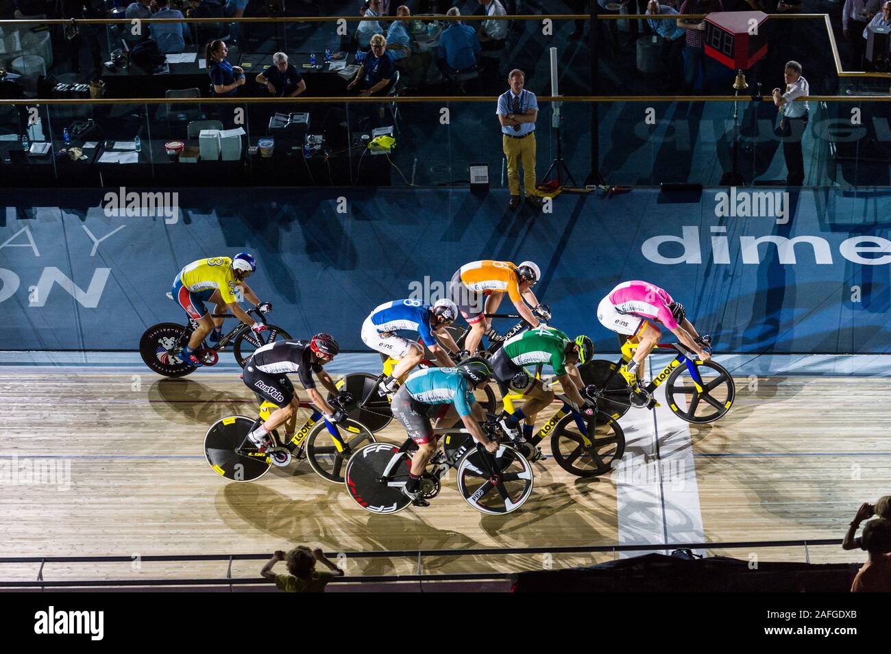 The fifth day of the London Six Day, Lee Valley Velodrome,  Abercrombie Road, Queen Elizabeth Olympic Park, London, Britain Stock Photo