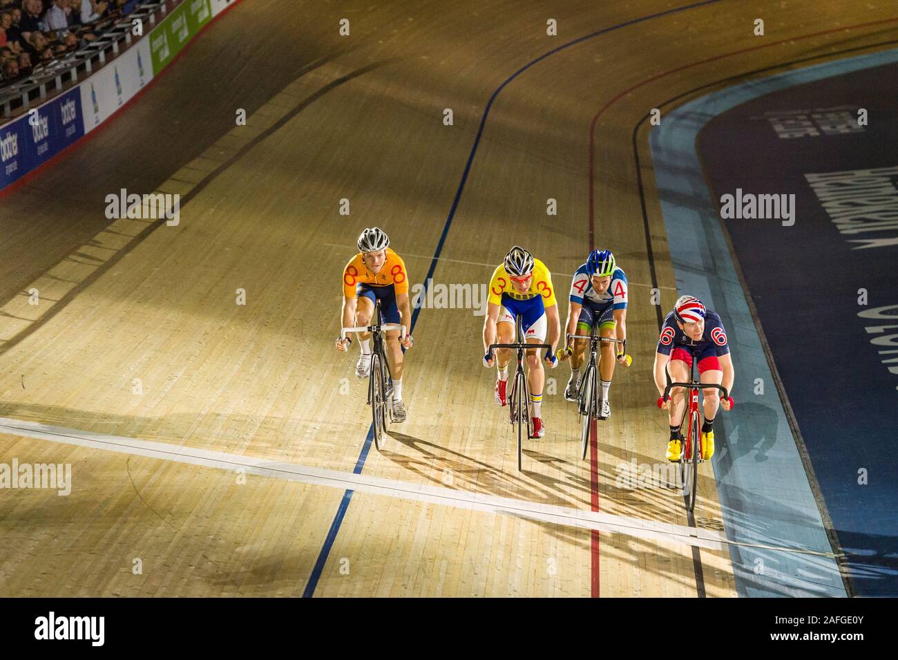 The fifth day of the London Six Day, Lee Valley Velodrome,  Abercrombie Road, Queen Elizabeth Olympic Park, London, Britain Stock Photo