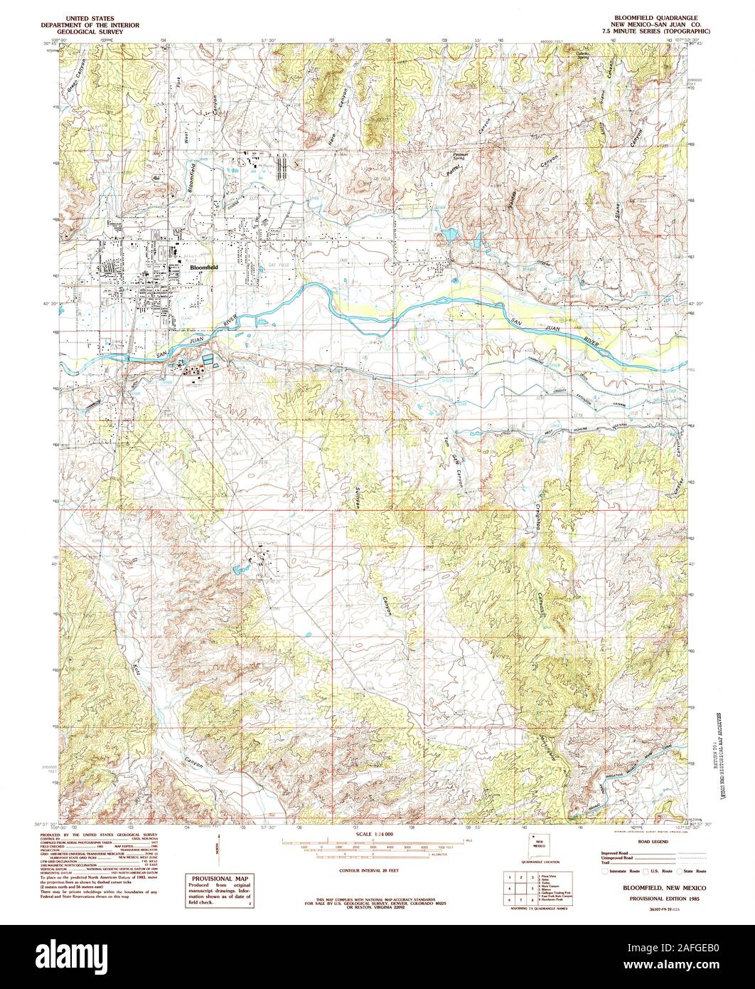 USGS TOPO Map New Mexico NM Bloomfield 193828 1985 24000 Restoration Stock Photo