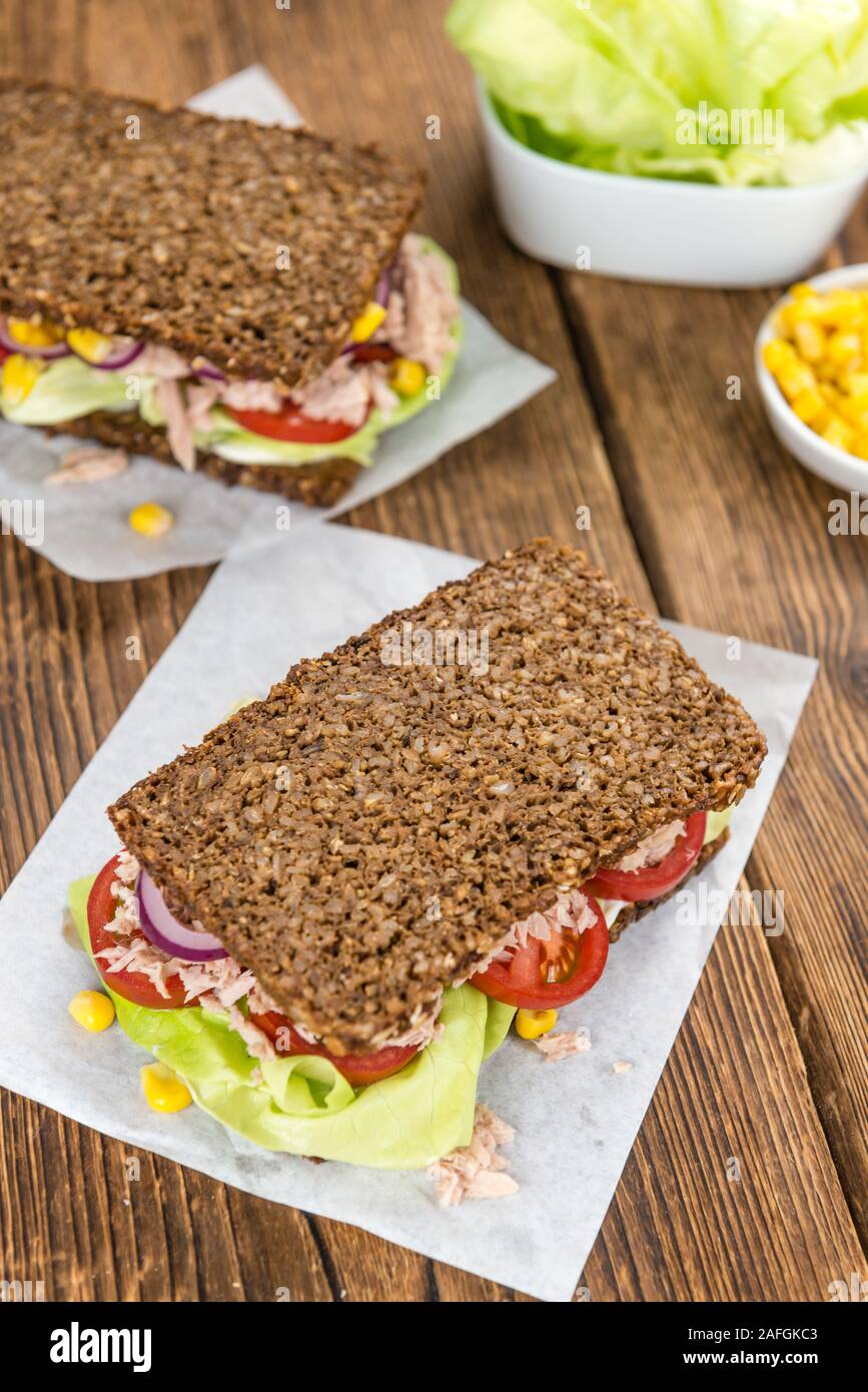 Tuna sandwich with wholemeal bread (selective focus; closeup shot