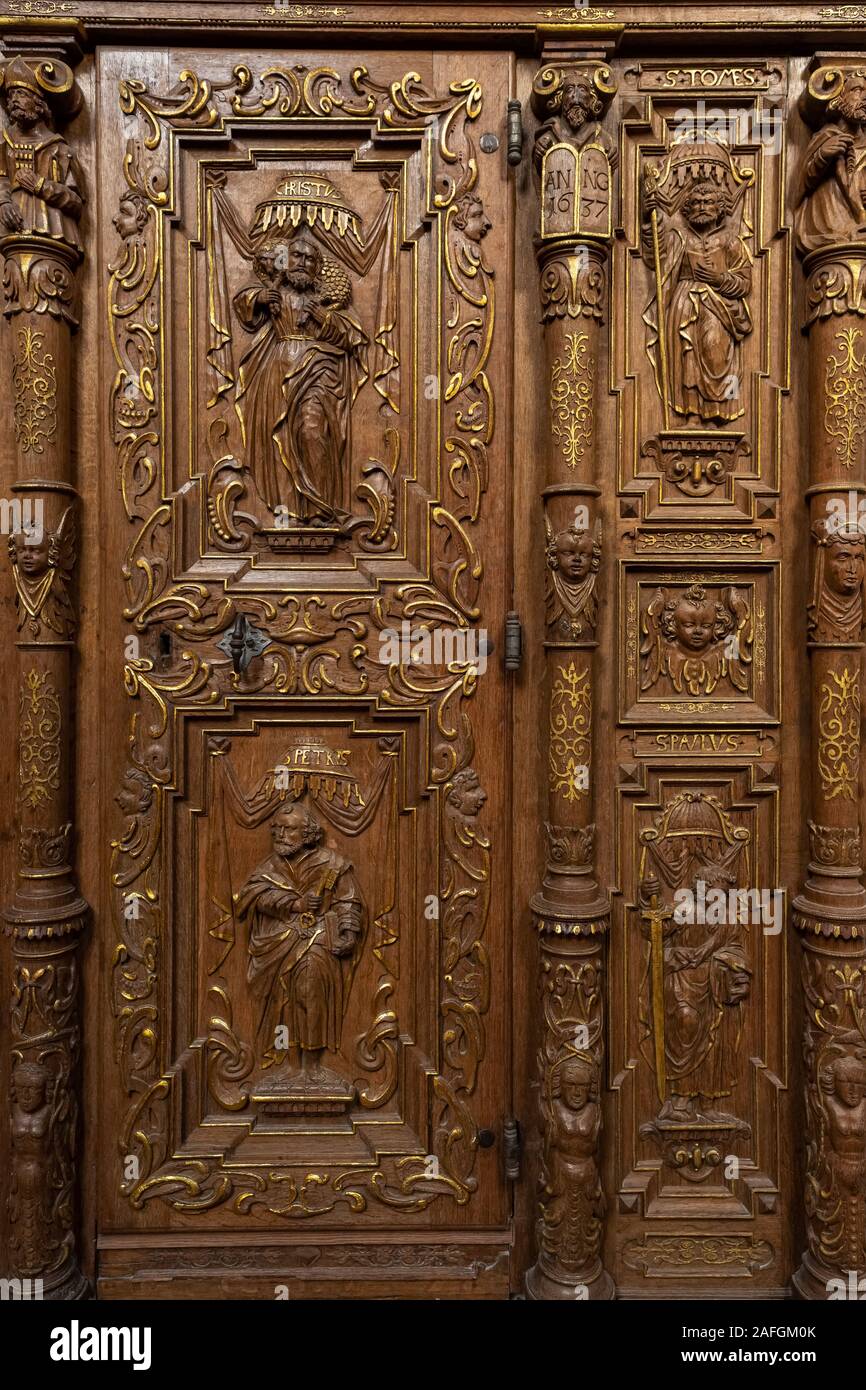 Wooden carving, architectural detail of the interior of St Catherine Church in Gdansk Stock Photo