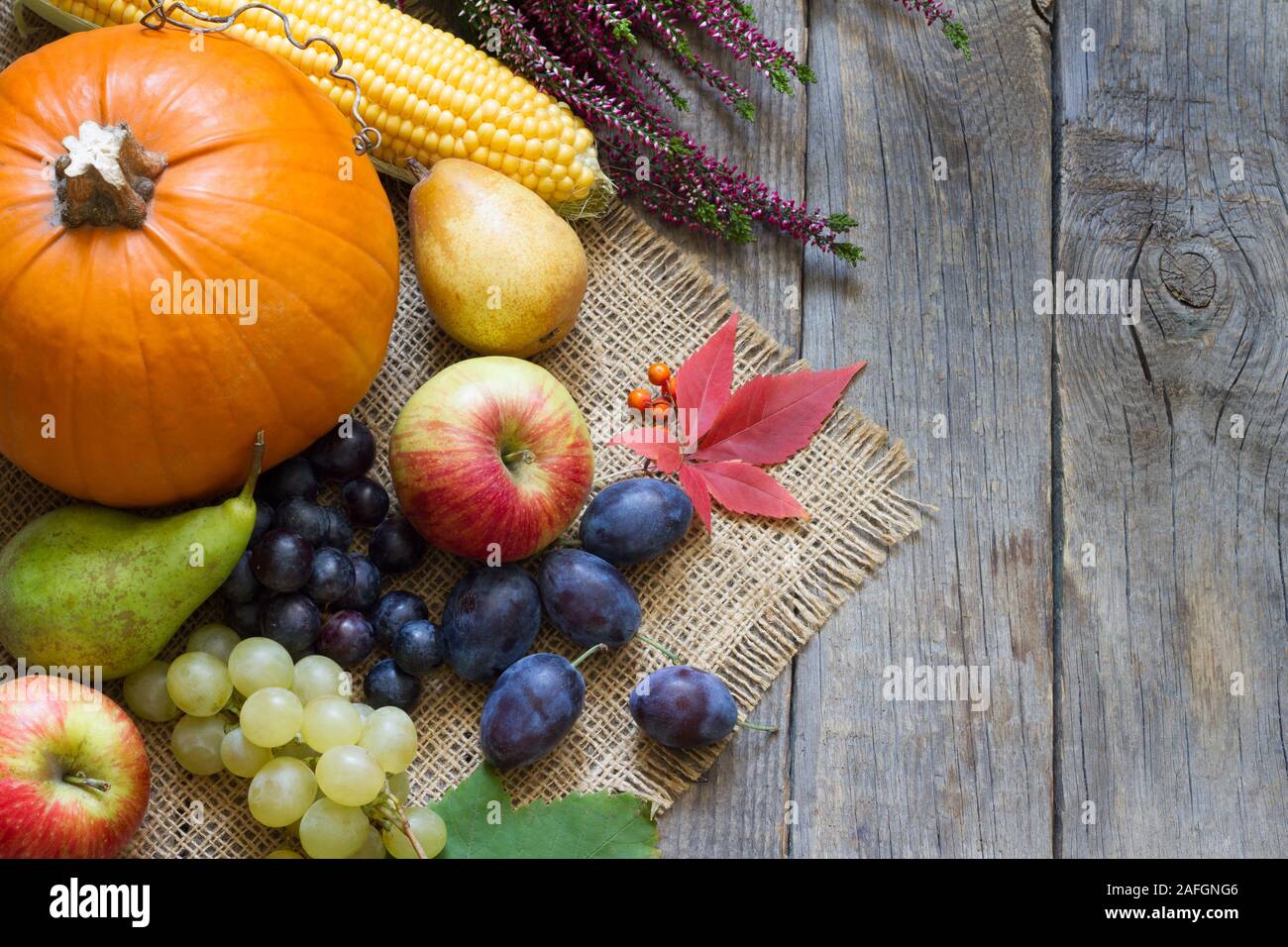 Pumpkin with autumn vegetables and fruits on vintage boards Stock Photo ...