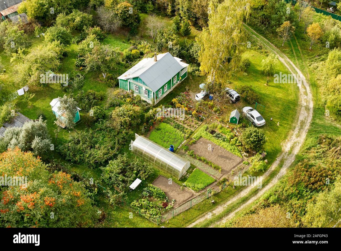 Aerial view of a dacha house in a village in Kaluga Region, Russia ...