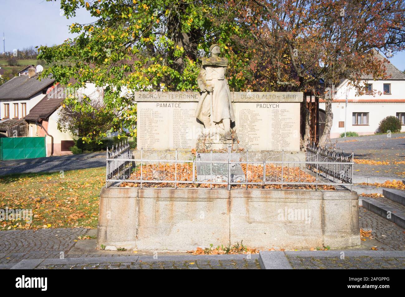 The World War I and II memorial in the town of Strazov (Drosau), near Klatovy, Plzen Region, Czech Republic, on October 27, 2019. (CTK Photo/Libor Soj Stock Photo