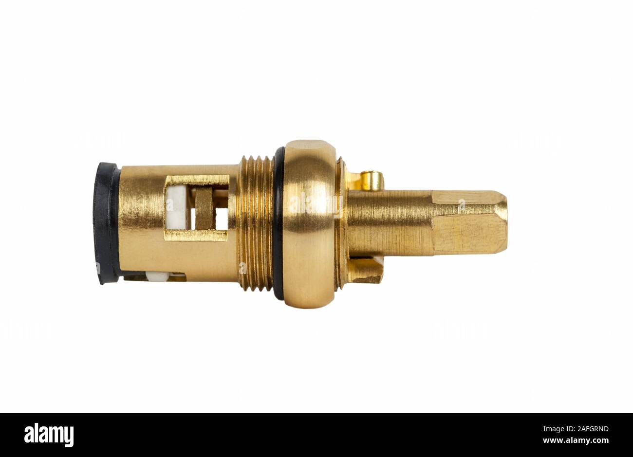 Brass faucet parts cartridge for water valve isolated on white background Stock Photo