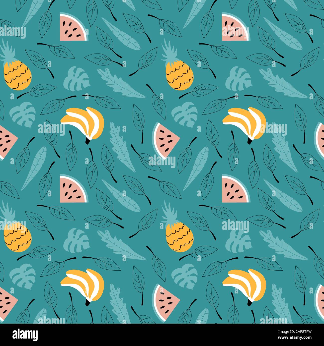 Cute floral seamless pattern with fruits and leaves on green background ...