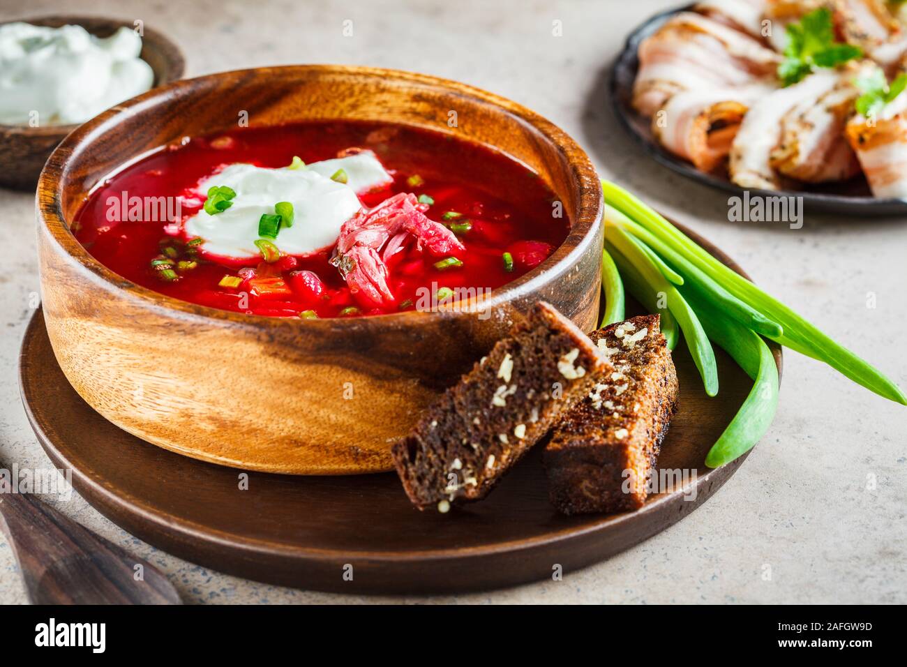 Soviet Cooking Traditional Russian borsch with sour cream, rye breadcrumbs and green ...