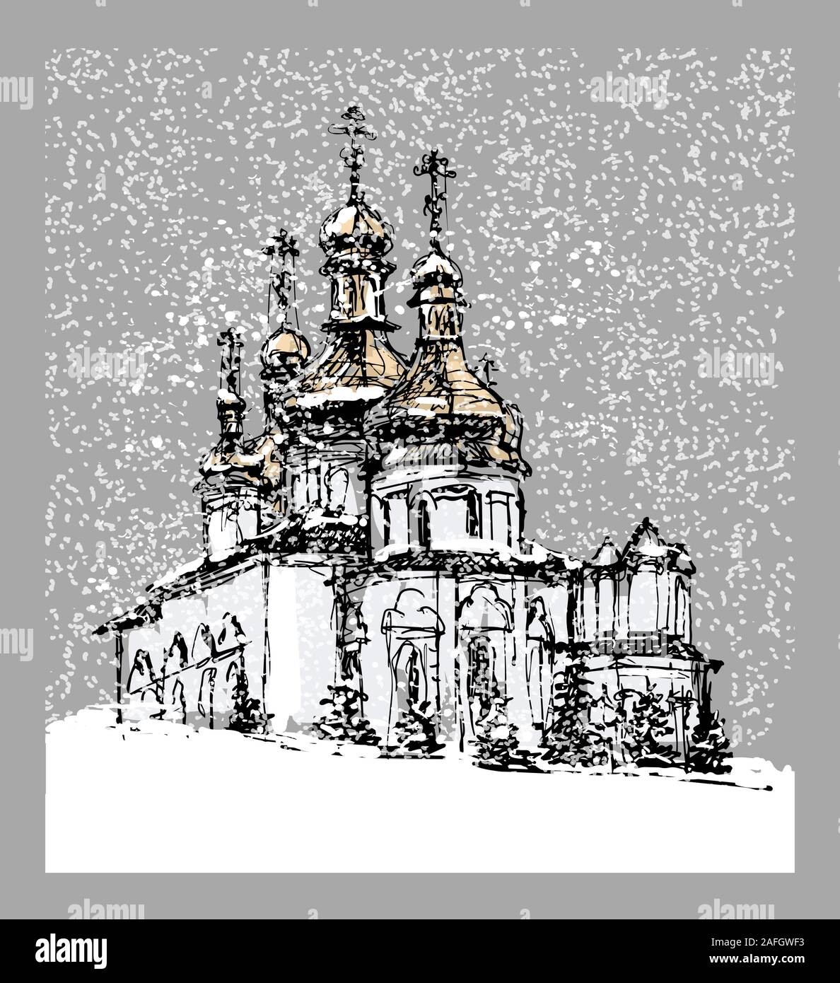 Holy trinity Cathedral, Tyumen in a cold winter. Western Siberia Russia - vector illustration (Ideal for printing on fabric or paper, poster or wallpa Stock Vector