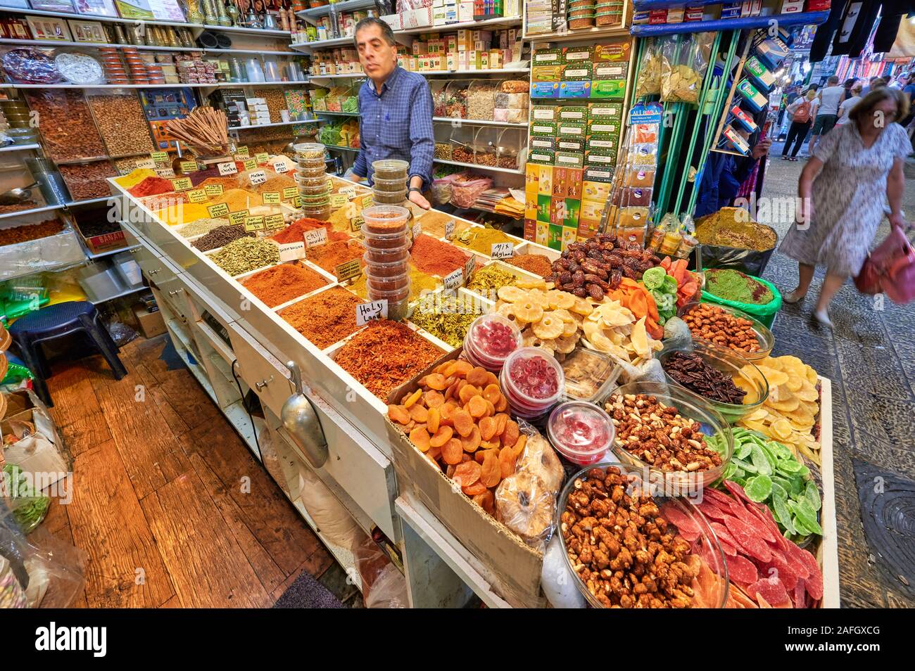 Jerusalem Israel. Dried fruit shop in the souq of the old city Stock