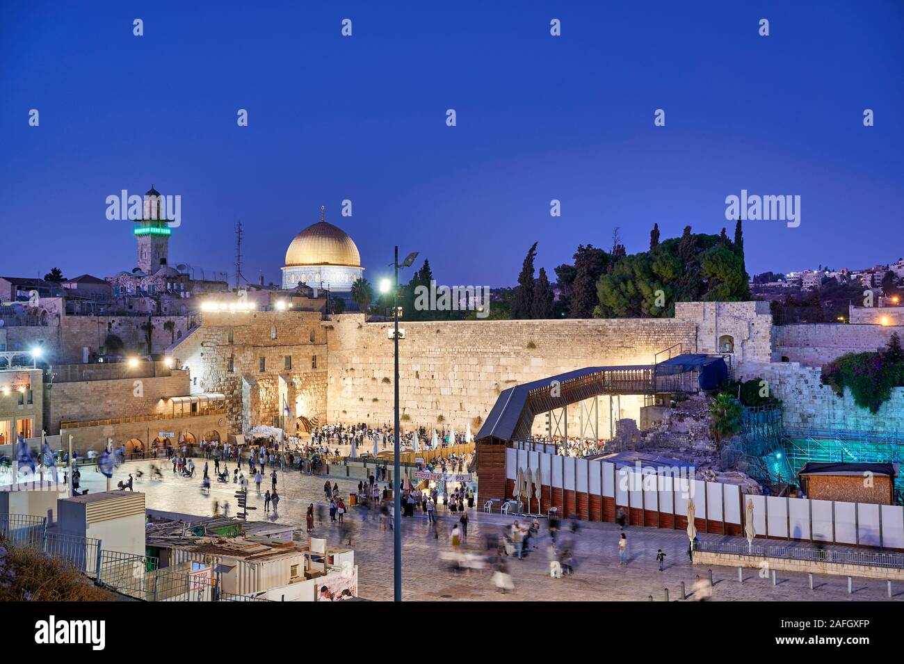 Jerusalem Israel. Dome of the rock, temple mount and wailing wall at sunset Stock Photo